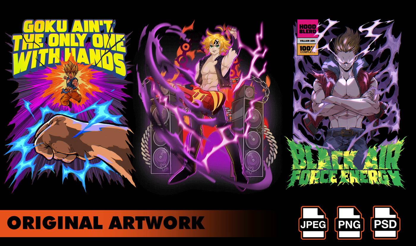 Three anime-style T-shirt graphics with bold typography