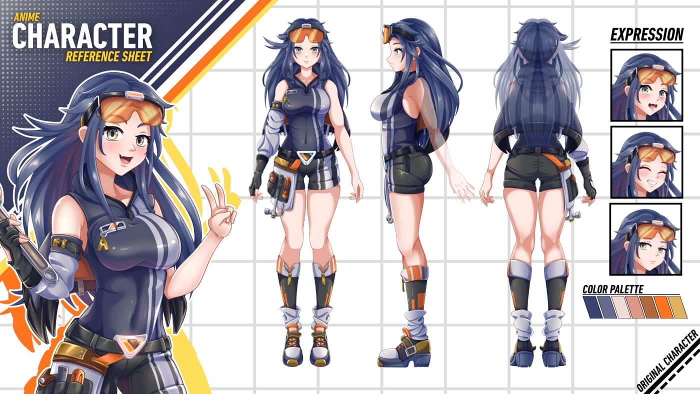 Character reference sheet with front, side and back views and expressions
