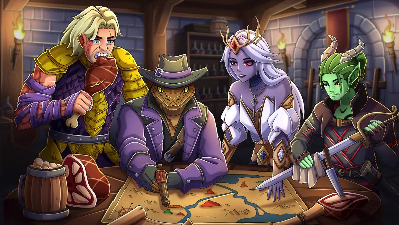 Dungeons and Dragons party illustration of adventurers around a tavern table