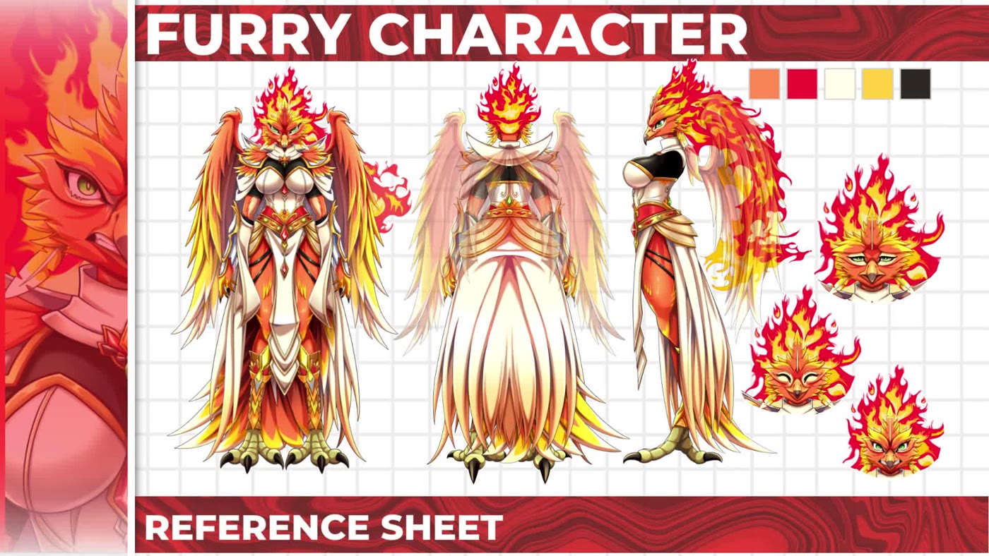 Furry phoenix character reference sheet with colour palette