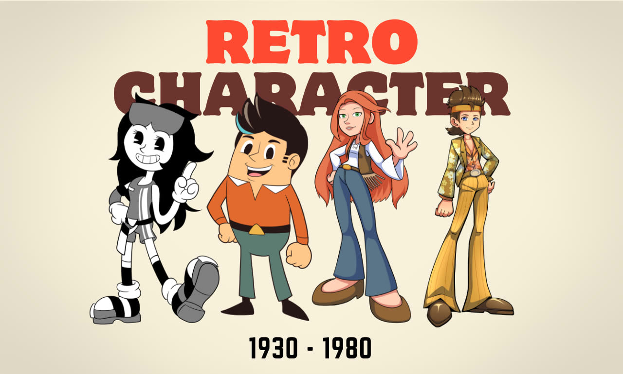 Retro 1930s to 1980s style cartoon characters