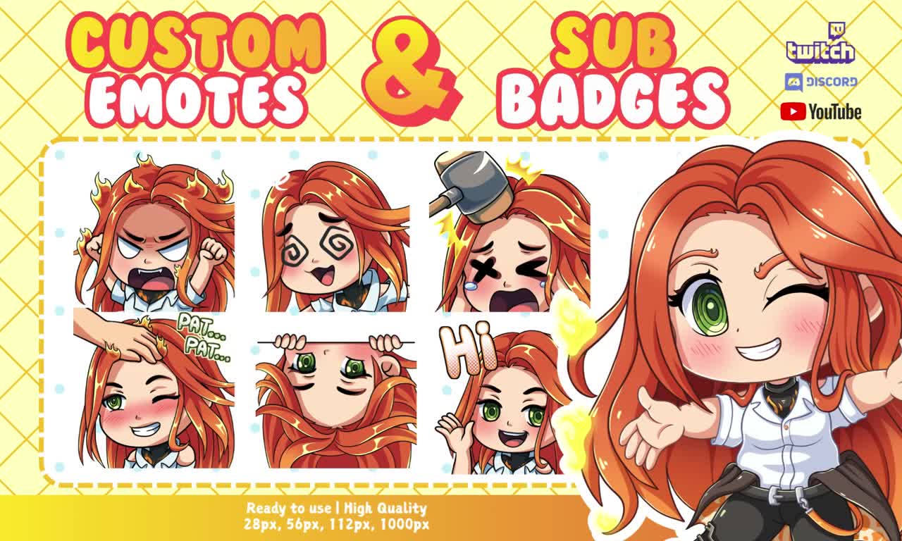 Set of custom Twitch emotes and sub badges of a red-haired character