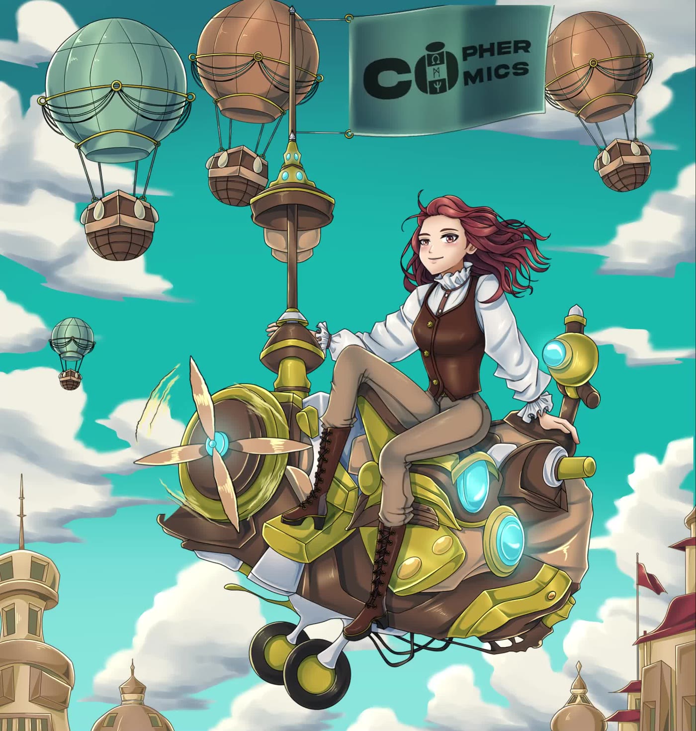 Cipher Comics illustration of a girl riding a flying machine above the clouds