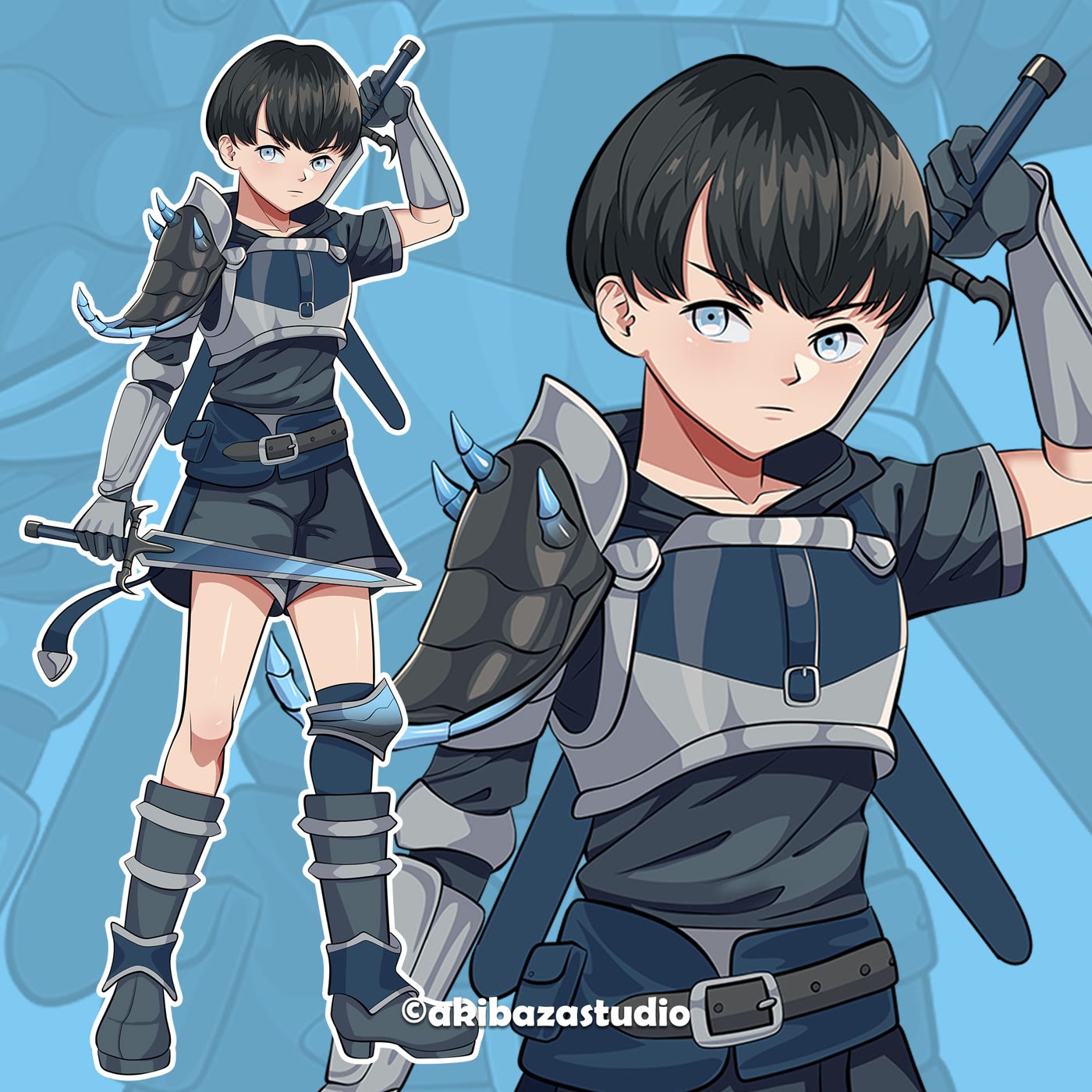 Original anime character design of an armoured boy with twin swords