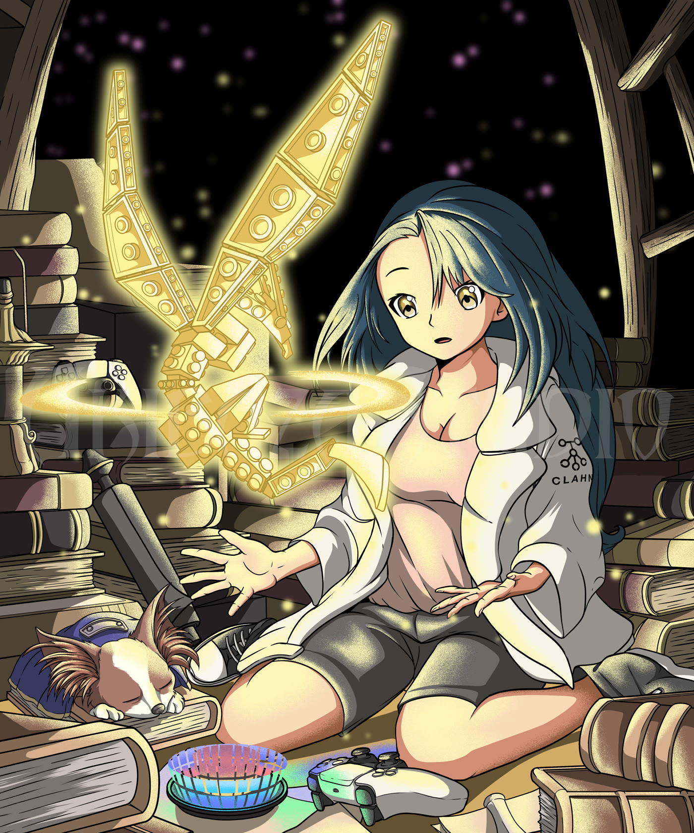 Anime girl illustration with golden wings in a ruined temple