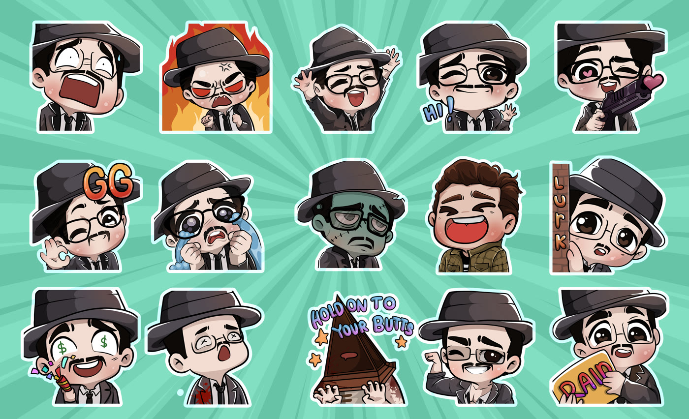 Set of chibi emotes of a man in a hat and glasses