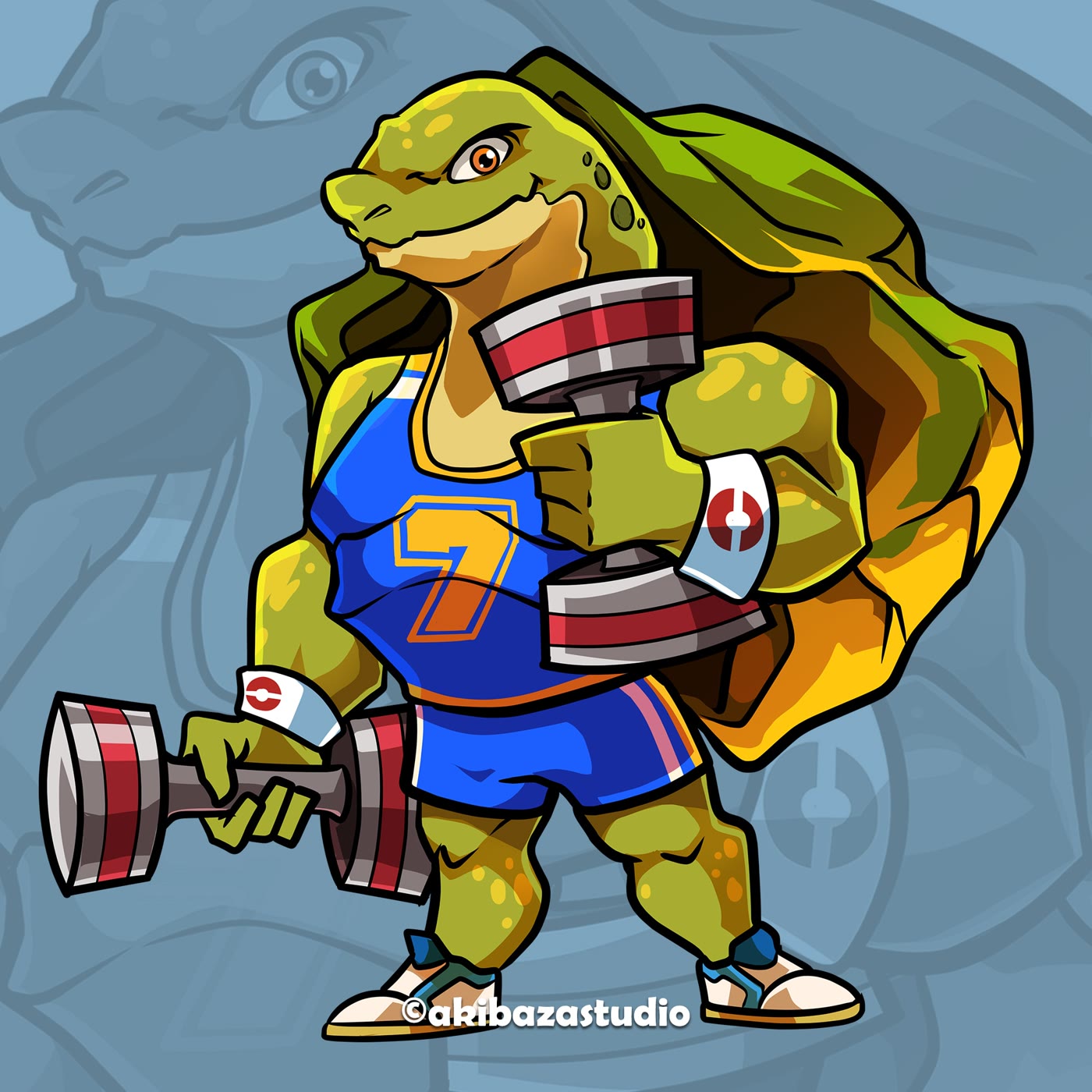 Aldebra the Bodybuilder cartoon turtle mascot