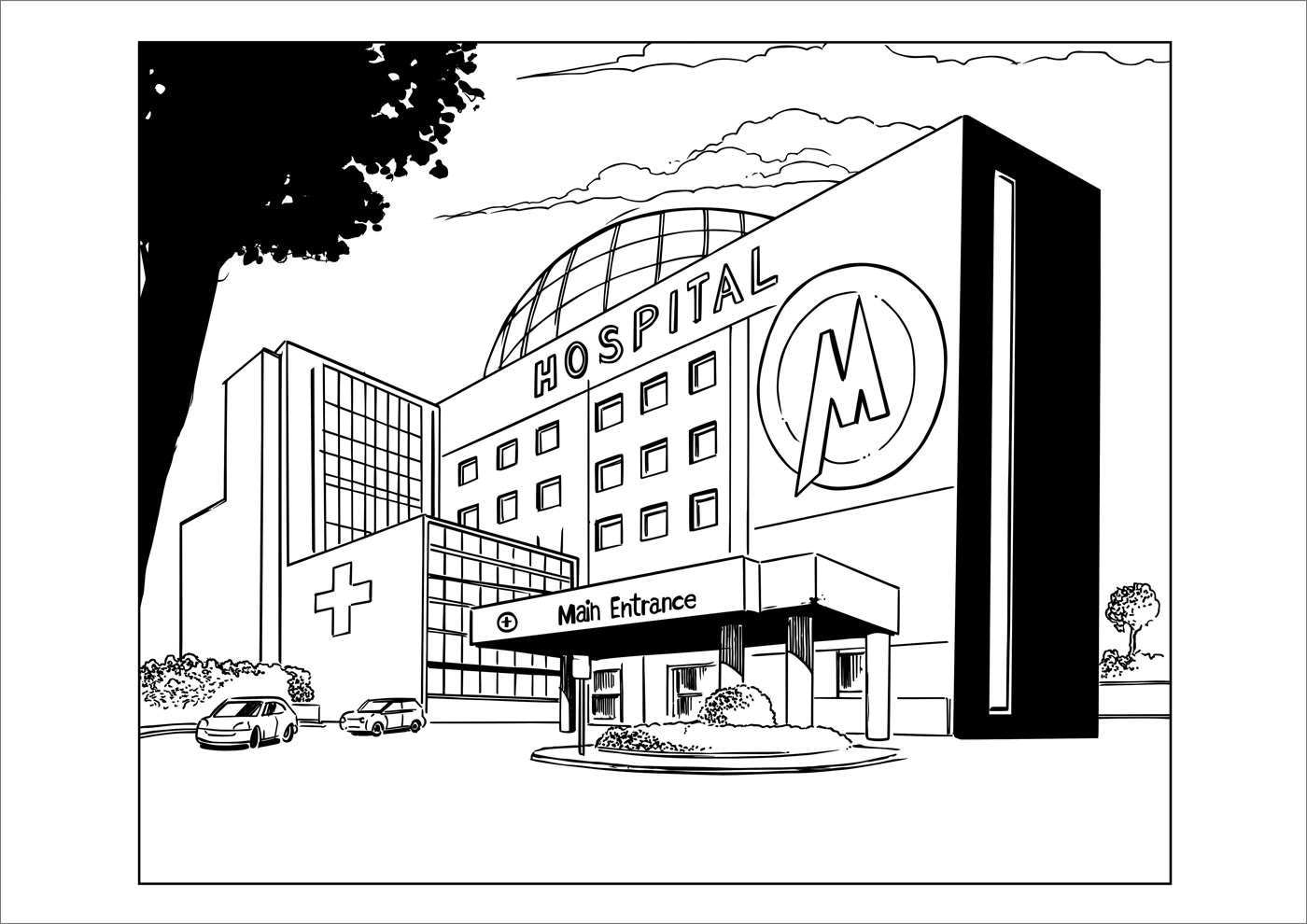 Hospital building line-art vector illustration