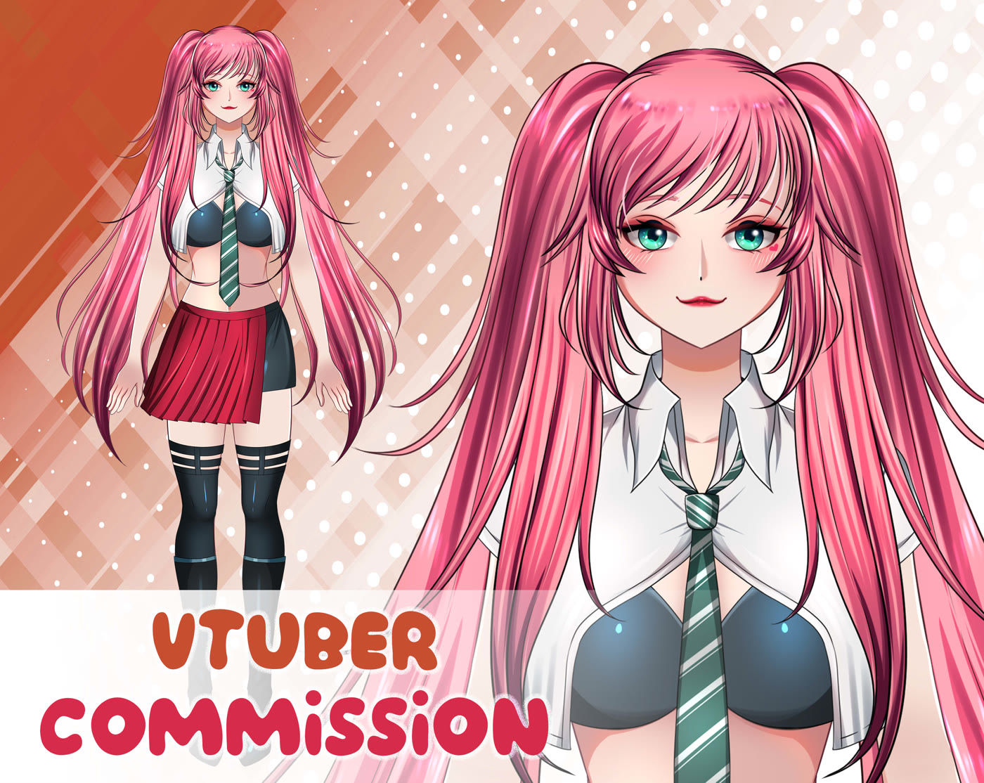 VTuber 2D model commission of a pink-haired girl in a school uniform